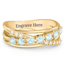 7 Stone Crossover Ring with Accents in 10K Solid Yellow Gold with Blue Topaz and White Premium Zirconia