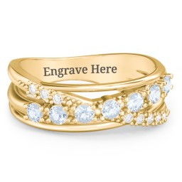 7 Stone Crossover Ring with Accents in 10K Solid Yellow Gold with Aquamarine and White Premium Zirconia