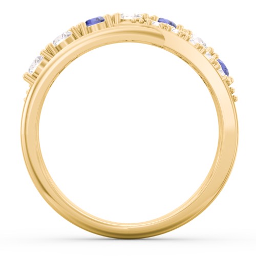 7 Stone Crossover Ring with Accents – 10K Yellow Gold with Diamond, Blue Sapphire, Cubic Zirconia, and White Premium Zirconia