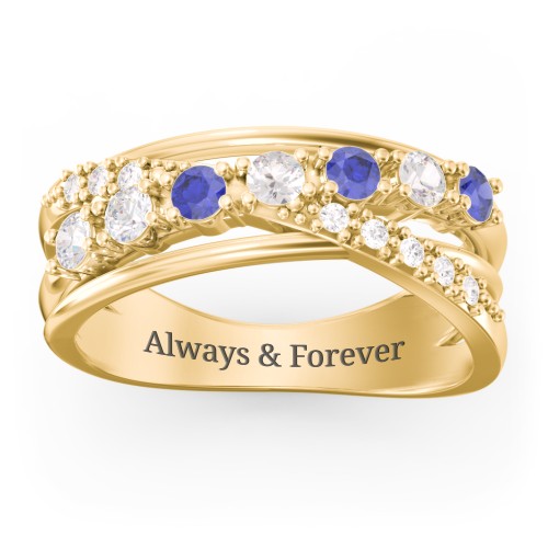 7 Stone Crossover Ring with Accents – 10K Yellow Gold with Diamond, Blue Sapphire, Cubic Zirconia, and White Premium Zirconia