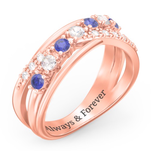 7 Stone Crossover Ring with Accents – 10K Rose Gold with Blue Sapphire, Cubic Zirconia, and White Premium Zirconia