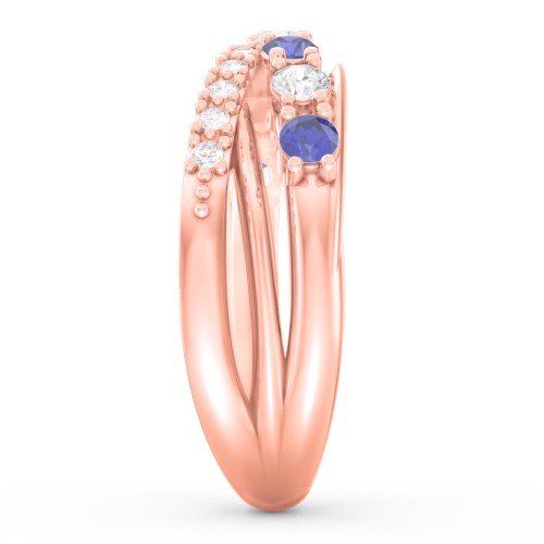 7 Stone Crossover Ring with Accents – 10K Rose Gold with Blue Sapphire, Cubic Zirconia, and White Premium Zirconia