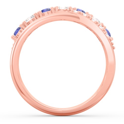 7 Stone Crossover Ring with Accents – 10K Rose Gold with Blue Sapphire, Cubic Zirconia, and White Premium Zirconia