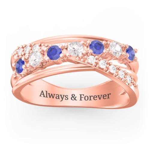 7 Stone Crossover Ring with Accents – 10K Rose Gold with Blue Sapphire, Cubic Zirconia, and White Premium Zirconia