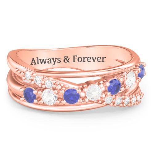 7 Stone Crossover Ring with Accents – 10K Rose Gold with Blue Sapphire, Cubic Zirconia, and White Premium Zirconia