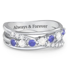 7 Stone Crossover Ring with Accents – Sterling Silver with Blue Sapphire, Cubic Zirconia, and White Premium Zirconia