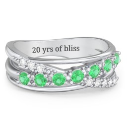 7 Stone Crossover Ring with Accents in 925 Sterling Silver with Emerald and White Premium Zirconia