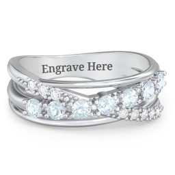 7 Stone Crossover Ring with Accents in 925 Sterling Silver with Aquamarine and White Premium Zirconia