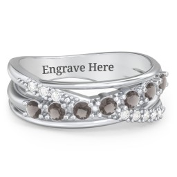 7 Stone Crossover Ring with Accents in 925 Sterling Silver with Smokey Quartz and Diamond