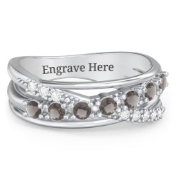 7 Stone Crossover Ring with Accents in 925 Sterling Silver with Smokey Quartz and White Premium Zirconia