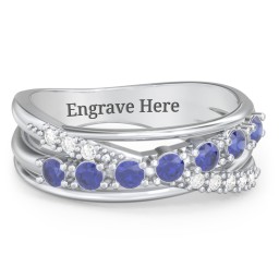 7 Stone Crossover Ring with Accents in 925 Sterling Silver with Blue Sapphire and Diamond