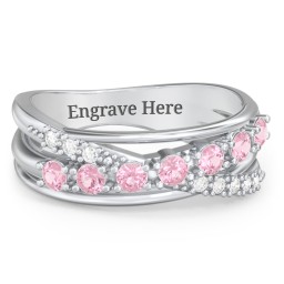 7 Stone Crossover Ring with Accents in 925 Sterling Silver with Pink Tourmaline and Diamond