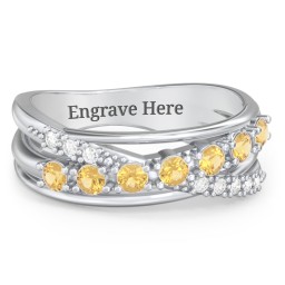 7 Stone Crossover Ring with Accents in 925 Sterling Silver with Citrine and Diamond