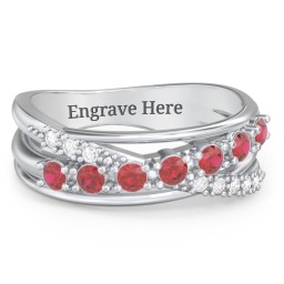 7 Stone Crossover Ring with Accents in 925 Sterling Silver with Garnet and Diamond