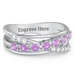 7 Stone Crossover Ring with Accents in 925 Sterling Silver with Amethyst and White Premium Zirconia