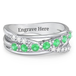 7 Stone Crossover Ring with Accents in 925 Sterling Silver with Emerald and White Premium Zirconia