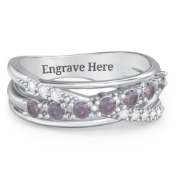 7 Stone Crossover Ring with Accents in 925 Sterling Silver with Alexandrite and Diamond