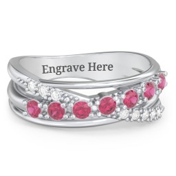 7 Stone Crossover Ring with Accents in 925 Sterling Silver with Ruby and Diamond
