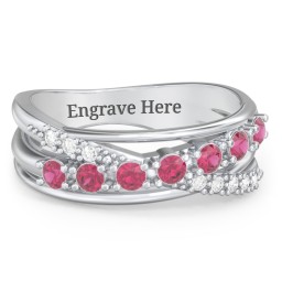 7 Stone Crossover Ring with Accents in 925 Sterling Silver with Ruby and White Premium Zirconia