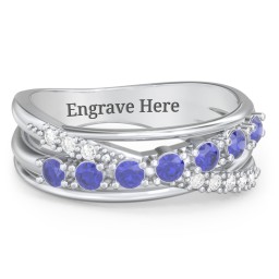 7 Stone Crossover Ring with Accents in 925 Sterling Silver with Blue Sapphire and White Premium Zirconia