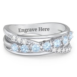 7 Stone Crossover Ring with Accents in 925 Sterling Silver with Blue Topaz and White Premium Zirconia