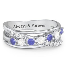 7 Stone Crossover Ring with Accents in 925 Sterling Silver with Blue Sapphire and Cubic Zirconia