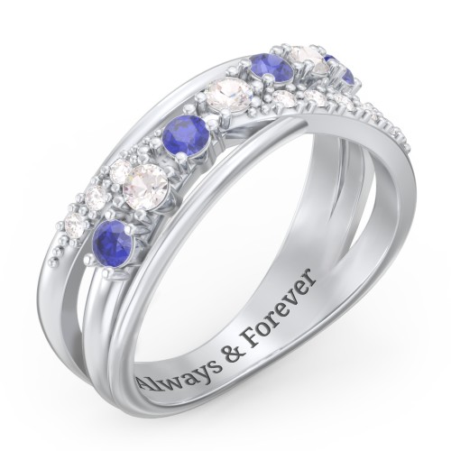 7 Stone Crossover Ring with Accents – Sterling Silver with Blue Sapphire, Cubic Zirconia, and White Premium Zirconia