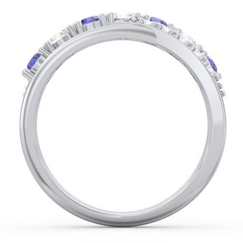 7 Stone Crossover Ring with Accents – Sterling Silver with Blue Sapphire, Cubic Zirconia, and White Premium Zirconia