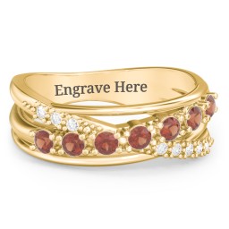 7 Stone Crossover Ring with Accents in 10K Solid Yellow Gold with Garnet and White Premium Zirconia