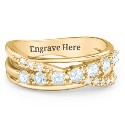 7 Stone Crossover Ring with Accents in 10K Solid Yellow Gold with Aquamarine and White Premium Zirconia