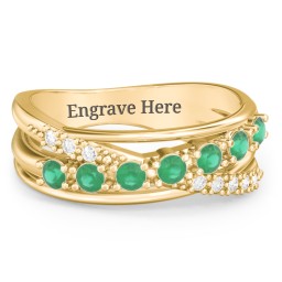 7 Stone Crossover Ring with Accents in 10K Solid Yellow Gold with Emerald and White Premium Zirconia