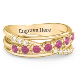 7 Stone Crossover Ring with Accents in 10K Solid Yellow Gold with Ruby and White Premium Zirconia