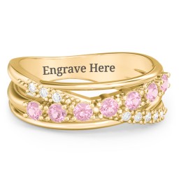 7 Stone Crossover Ring with Accents in 10K Solid Yellow Gold with Pink Tourmaline and White Premium Zirconia