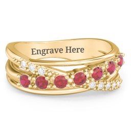 7 Stone Crossover Ring with Accents in 10K Solid Yellow Gold with Garnet and White Premium Zirconia
