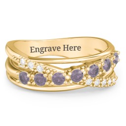 7 Stone Crossover Ring with Accents in 10K Solid Yellow Gold with Alexandrite and White Premium Zirconia