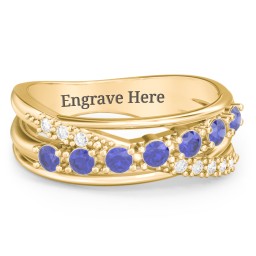 7 Stone Crossover Ring with Accents in 10K Solid Yellow Gold with Blue Sapphire and White Premium Zirconia