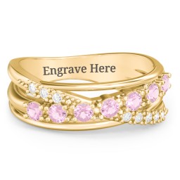 7 Stone Crossover Ring with Accents in 10K Solid Yellow Gold with Pink Tourmaline and White Premium Zirconia
