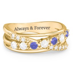 7 Stone Crossover Ring with Accents in 10K Solid Yellow Gold with Diamond, Blue Sapphire, and Cubic Zirconia
