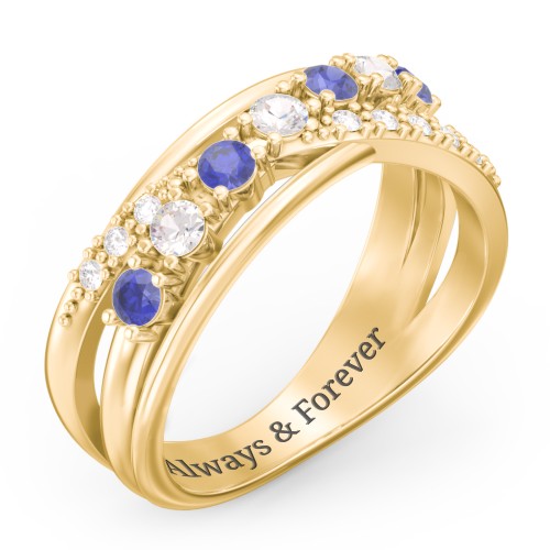 7 Stone Crossover Ring with Accents – 10K Yellow Gold with Blue Sapphire, Cubic Zirconia, and White Premium Zirconia