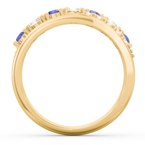 7 Stone Crossover Ring with Accents – 10K Yellow Gold with Blue Sapphire, Cubic Zirconia, and White Premium Zirconia