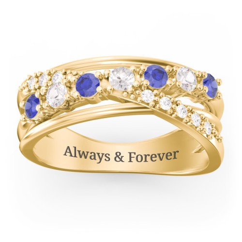 7 Stone Crossover Ring with Accents – 10K Yellow Gold with Blue Sapphire, Cubic Zirconia, and White Premium Zirconia