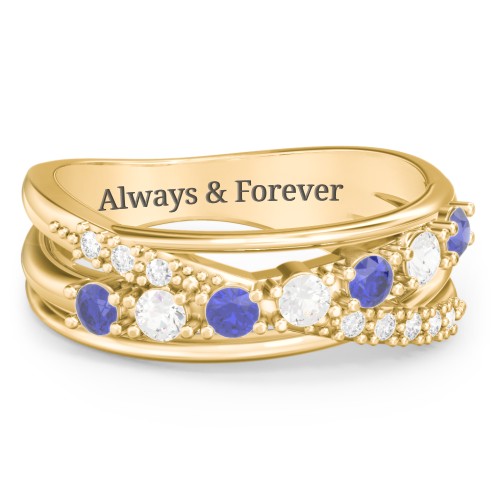 7 Stone Crossover Ring with Accents – 10K Yellow Gold with Blue Sapphire, Cubic Zirconia, and White Premium Zirconia