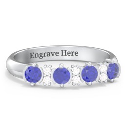 4 Stone Semi-Bezel Ring with Accents in 925 Sterling Silver with Blue Sapphire and White Premium Zirconia