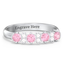 4 Stone Semi-Bezel Ring with Accents in 925 Sterling Silver with Pink Tourmaline and White Premium Zirconia