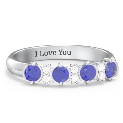 4 Stone Semi-Bezel Ring with Accents – Sterling Silver with Blue Sapphire and White Premium Zirconia