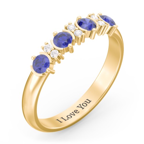 4 Stone Semi-Bezel Ring with Accents – 10K Yellow Gold with Blue Sapphire and White Premium Zirconia