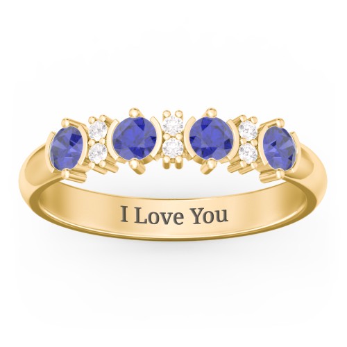 4 Stone Semi-Bezel Ring with Accents – 10K Yellow Gold with Blue Sapphire and White Premium Zirconia