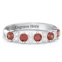 5 Stone Semi-Bezel Ring with Accents in 925 Sterling Silver with Garnet and White Premium Zirconia