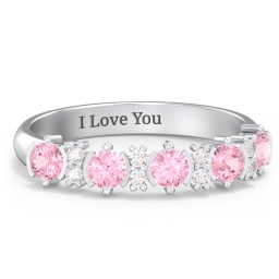 5 Stone Semi-Bezel Ring with Accents in 925 Sterling Silver with Pink Tourmaline and White Premium Zirconia