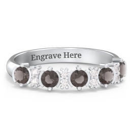 5 Stone Semi-Bezel Ring with Accents in 925 Sterling Silver with Smokey Quartz and White Premium Zirconia
